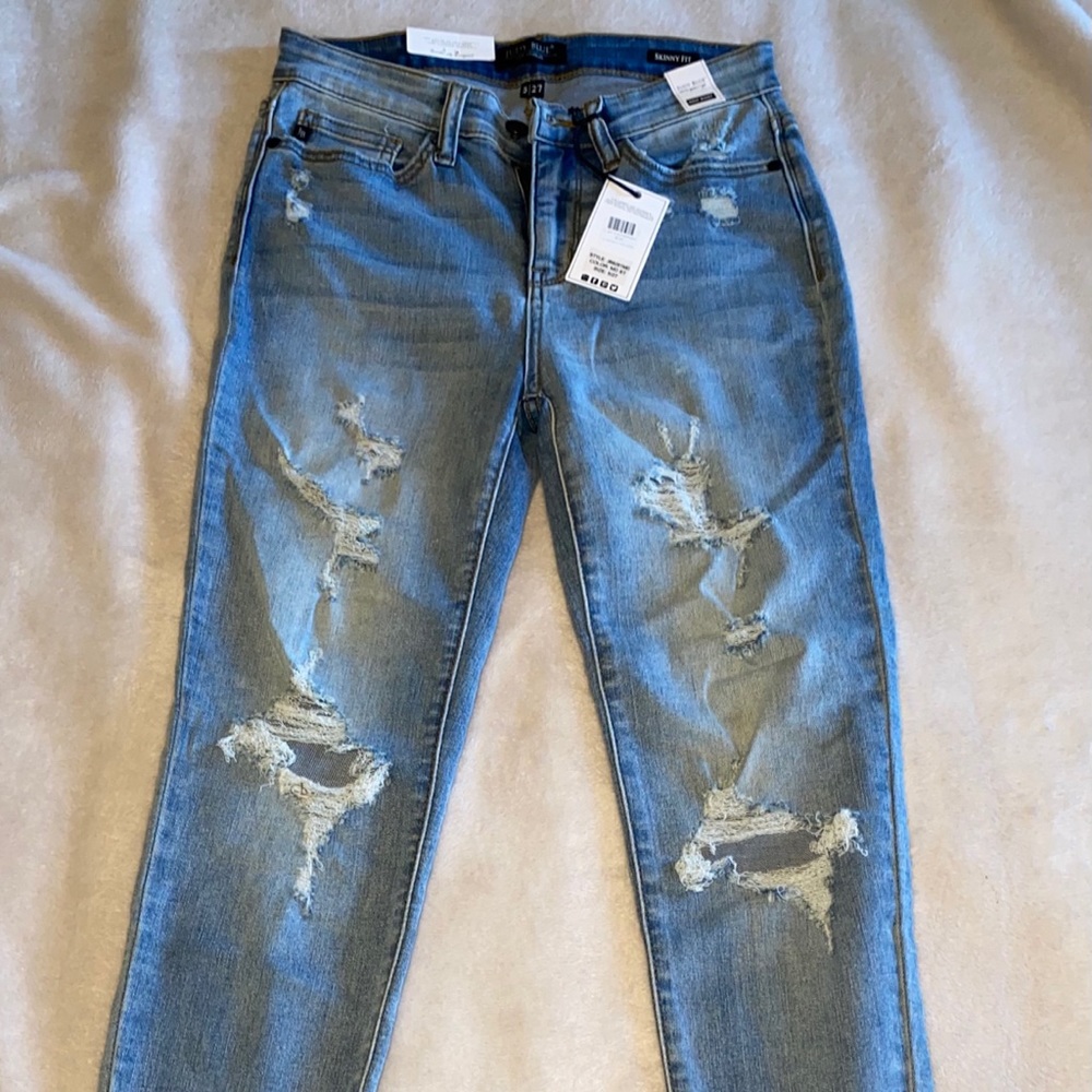Judy Blue Light wash distressed high waist jeans.